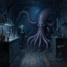 gothic sylum laboratory, wooden floor, darkness, evil, creepy, science, 1 9 century, hard atmosphere, lovercraft, insmouth, tentacles, artwork, paint, blue tones, detailed, by bastien lecouffe deharme, by jeremy mann, by alexander fedosav