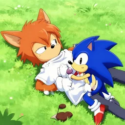 the lorax laying on the ground helplessly clutching doctor eggman from sonic shirt. by rhads, lois van baarle, yuji uekawa.