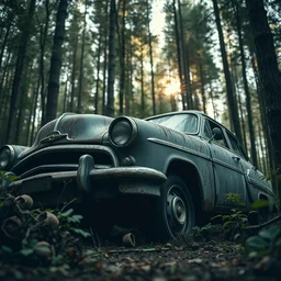 abandoned old retro car closeup in the forest, macro, detailed, huge scene, concept art, beautiful, art greg rutkowski, low angle, high detail, godrays, cinematic view, volumetric, epic sky, vivid, trending on artstation, by jordan grimmer