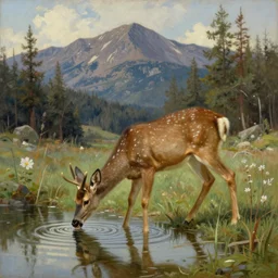 a deer drinking from a lake down the mountain, beautiful detailed oil on canvas painting in the style of the 1 9 th century hudson river school of art