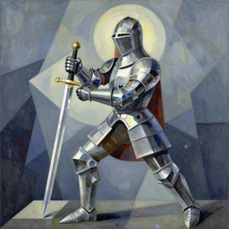 ( a painting of a knight holding a sword. ) a cubist painting by yoshitaka amano, featured on pixiv, crystal cubism, official art, dynamic pose, da vinci