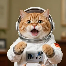 1 9 8 0's color photo of hissing cute ginger cat in spacesuit giving passionate public speech