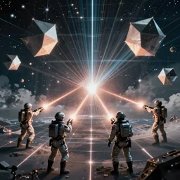 futuristic soldiers in spacesuits firing lasers in zero gravity, floating polygon shapes as obstacles, surrounded by a laser grid
