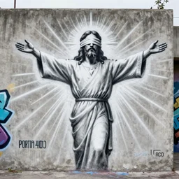 graffiti mural of blindfolded Jesus, arms outstretched, rays of light from his fingers, painted on a concrete wall, Portra 400