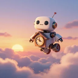 a clockwork robot house martin flying in the sky, sunset, cute delichon urbicum, fluffy clouds, beautiful digital art, pixiv