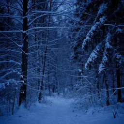 a forest filled with lots of snow covered trees at dark blue night, a matte painting by konstantinas ciurlionis, featured on unsplash, tonalism, photo taken with ektachrome, high dynamic range, photo taken with provia