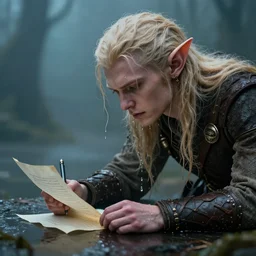 a sea elf trying to get an commander, dripping with water, to sign a piece of parchment fantasy realism
