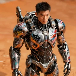 hyperrealistic exoskeleton!! chinese man covered in graffiti highly detailed concept art eric zener elson peter cinematic hard orange lighting high angle hd 8k sharp shallow depth of field