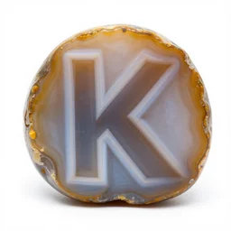 a studio portrait of an agate with the letter k in the banding white background