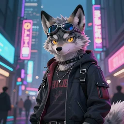 beautiful furry digital art portrait commission of an androgynous furry anthro wolf fursona wearing punk clothes in the streets of a cyberpunk city. neon signs. character design by skeleion, thanshuhai, zaush, imalou, tessgarman, artgerm, makoto shinkai, fa, furraffinity