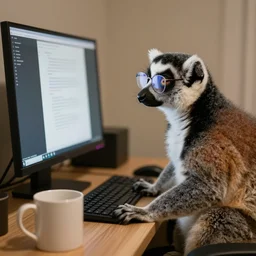 a lemur with glasses staring at a pc screen, a mug on the desktop