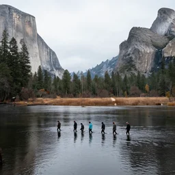 calm lake, group of humans walking in the water, leaves falling in the wind, prey 2 0 2 2 landscape, yosemite valley