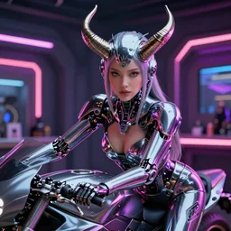 beautiful powerful female glossy futuristic cyborg with curved metal Loki horns and chrome motorcycle parts, full body,  dark fantasy, neon bar lights, 3d render, octane, 8k, volumetric lighting, hyper-realistic,, diffuse lighting, intricate, highly detailed, life like, photorealistic, digital painting, trending on artstation, smooth, sharp focus