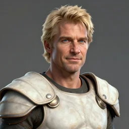 concept art, portrait, 50 years old men, blonde, blue eyes, lite leather armor, friendly, high detail, digital art, realistic