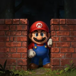 man super mario, hiding behind a brick wall, dark mood, silent hill, highly detailed, digital painting, artstation, illustration, art by artgerm and greg rutkowski and alphonse mucha