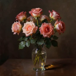 romantic oil painting of roses in cinematic dimly light, shadows, dramatic and very very very very beautiful masterpiece, light reflection, light refraction, transparent glass vase