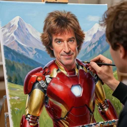 a closeup photorealistic photograph of bob ross working on a canvas painting of an iron man style bob ross. lit studio, mountain scape. film still, vibrant colors. this 4 k hd image is trending on artstation, featured on behance, well - rendered, extra crisp, features intricate detail, epic composition and the style of unreal engine.
