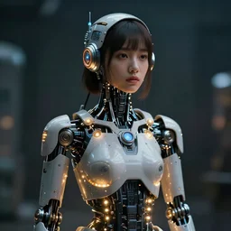 beautiful Fine art photography, medium shot, of a solarpunk half robot half human girl with real human face, led lights over body, highly detailed, photorealism, cinematic lighting 8k