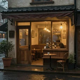 cozy warm coffee place in the rain, evening, warm lighting, realistic, intricate, detailed, concept art, classical painting, soft light, trending on art station. n-4 h-708