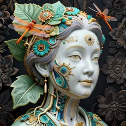 cinema 4d colorful render, organic, dark scene, ultra detailed, of a porcelain old woman's face. biomechanical, analog, macro lens, hard light, big leaves and large orange Dragonflies, stems, roots, fine foliage lace, turquoise gold details, high fashion haute couture, art nouveau fashion embroidered,  intricate details, mesh wire, mandelbrot fractal, anatomical, facial muscles, cable wires, elegant, hyper realistic, in front of dark flower pattern wallpaper, ultra detailed