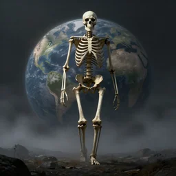 a giant skeleton walks the earth, dark landscape, fog, matte painting