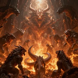 chaotic underworld filled with mythical beasts, fiery atmosphere, concept art, volumetric lighting, cinematic