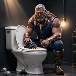 thanos pooping on the toilet photo realistic