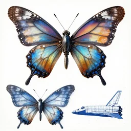 a mechanized butterfly, orthographic view, top down view, bottom view, side view, blueprints, mecha, jet fighter, space shuttle, robotic, highly detailed, artstation, super realistic, unreal engine