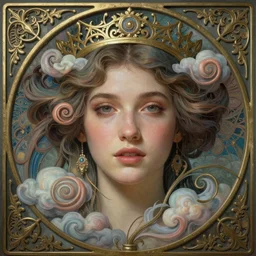 detailed realistic face portrait, artwork by james jean, chiara bautista, beautiful queen of futility, jean delville, art nouveau, james jean spiraling clouds, ornate metal gothic icon heavy patina, joy, delicate, enchanting, otherworldly, whimsical, ethereal, mythology, magical, beautifully lit