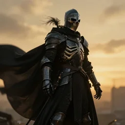 the skeleton knight of death in black with a black cape billowing in the wind, golden hour, shallow depth of field, moody lighting, 8 k, concept art,