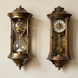 steampunk clepsydra and mechanical clock, pendulum clock on the wall,photorealistic,8k
