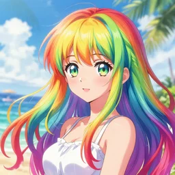 Cute young girl in anime style with rainbow hair in the style of Tsukumizu, pixiv, pinterest anime, art by Steve Hanks, art by Alyssa Monks, endless summer art, realistic, wide focus, 8k ultra, insanely detailed, intricate, elegant, art by Laurie Lipton, digital art by James Clyne, art by Steve Hanks