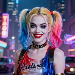 harley quinn film still of her standing, head and shoulder shot, smiling, cyberpunk setting, beautiful cityscape background, neon signs, vibrant colors, holograms, 4k, digital art