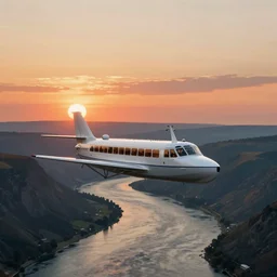 a steam powered flying boat flies above a river valley at sunset, matte painting by frederic edwin church, golden hour, nature, fantasy art, trending on artstation, deviantart, behance, highly detailed, rule of thirds, crepuscular rays, steampunk