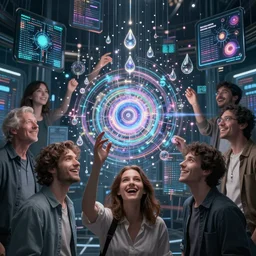 cinematic shot epic group happy humans, hyper realistic, mood lighting, fantasy, detailed matrix of beautiful digital images, floating graphics, dripping light drops, supercomputers text to images, beautiful singularities, highly detailed, super realistic, perfect lighting pixel sorting, style sheet