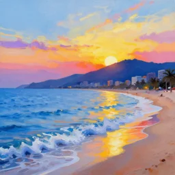 vibrant digital oil art beach city sunset blue waves mountain