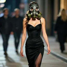 highly detailed portrait photo of a powerful female character, who wears a black dress. her face is covered in a gas mask and she is walking down the street at night. hyperrealistic fashion illustration by boris vallejo and julie bell.