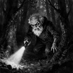 creepy mutated old man hiding in a dark forest, digital black and white painting by oleg vdovenko, chuvabak, maxim verehin, flash photography, trending on artstation, character painting, digital illustration, flashlight photography
