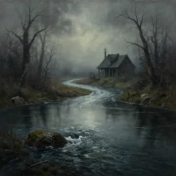 grunge painting of a horror river. in the distance, there is a haunted shed. by bob ross, albert bierstadt, grim, foggy background, immaculate scale, hyper - realistic, trending on artstation, 8 k, detailed, atmospheric, immaculate