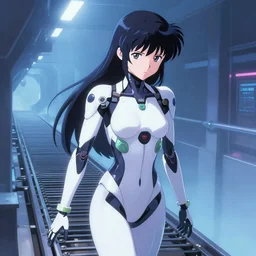 a female android leaving assembly chain, digital painting, anime style, mamoru oshii ghost in the shell, ethereal and neons lights