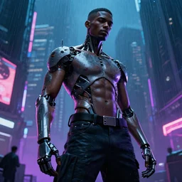 black male cyborg body modifications hd greg rutkowski low perspective! cyberpunk city neon rain