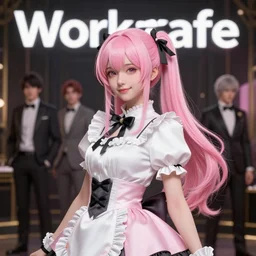 worksafe. insanely detailed. by wlop, ilya kuvshinov, krenz cushart, greg rutkowski, pixiv. zbrush sculpt, octane, maya, houdini, vfx. pink, white and black, gorgeous young cg gentle girlish feminine sissy boy with long hair, ponytail hairstyle, wearing hairbow, frills, silk dress, friendly smiling, in luxury advertisement. cinematic dramatic atmosphere, sharp focus, volumetric lighting