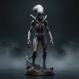 centered photorealistic antropomorphic xenomorph statue inspired by Giger, sinister background, octane render, unreal engine 4k, volumetric light, fog, wide shot, detailed
