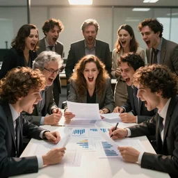 a bunch of screaming people in an office sitting around a table looking at charts that nobody understands