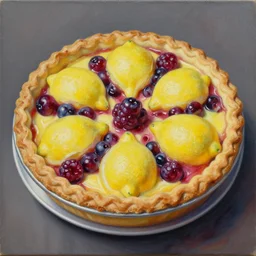 intricate five lemon berry pie by pablo picasso, oil on canvas, hdr, high detail, photo realistic, hyperrealism, matte finish, high contrast, 3 d depth, centered, masterpiece, vivid and vibrant colors, enhanced light effect, enhanced eye detail, artstationhd