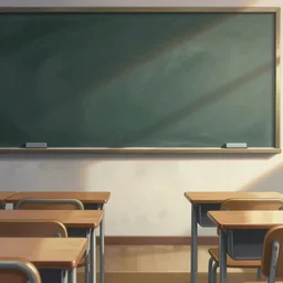 Typical anime classroom, chalkboard, empty, quiet, digital art, background, soft lighting, detailed, in style of Ilya Kuvshinov