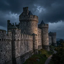 storm's end castle at night with stone architecture and epic atmosphere by greg rutkowski, artstation and ian miller, extremely hyperdetailed, wall, intricate stone architecture, ramparts, bulwarks, fortress, uhd