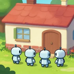 four identical small cute robot, standing outside a house, each facing a different direction, from a lucasarts point and click 2 d graphic adventure game, art inspired by thomas kinkade
