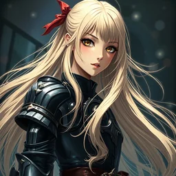 baroque oil painting japanese light novel cover illustration anime key visual full body portrait action shot | long flowing blonde hair young girl wearing black military crusader armour symmetrical perfect face fine detail | lotr gapmoe kuudere moody lighting bokeh stunning highlights sharp contrast | trending pixiv fanbox | by greg rutkowski makoto shinkai takashi takeuchi studio ghibli