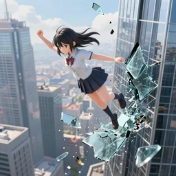 anime girl in realistic world, falling from collapsing skyscraper, broken glass, 3 d render, octane render